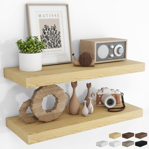 31.5Inch Floating Shelves for Wall 2 Pack Shelves for Bedroom|Kitchen|Bathroom Wall Mounted Rustic Wood Floating Shelf with Invisible Brackets for Books|Storage|Decor, Oak
