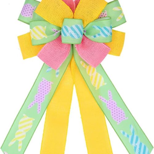 Happy Easter Large Wreath Bows for Front Door Decorations, Pink Yellow Holiday Bow Green Easter Bunny Bows for Wreath Door Wall Indoor Outdoor Decor