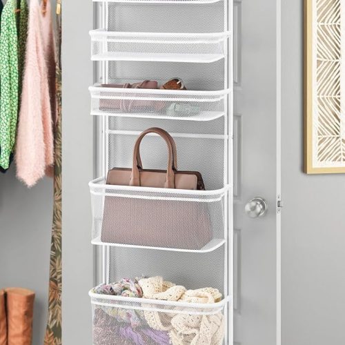 Over The Door Organizer - 6 Sections - Pantry, Bathroom, Accessory Organizer - Metal and Mesh - White