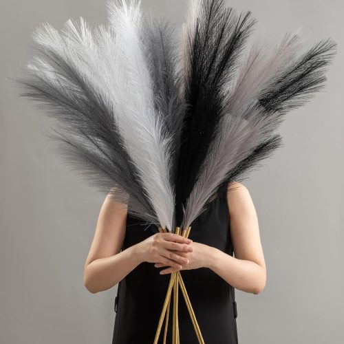 1 8 Pcs 45" Pampas Grass Tall Faux Dried Decor, Fluffy Fake Long Pompas Artificial Black White Grey Gray Pompous Stems Bouquet Flower Arrangement Vase Filler for Boho Home Wedding Decoration