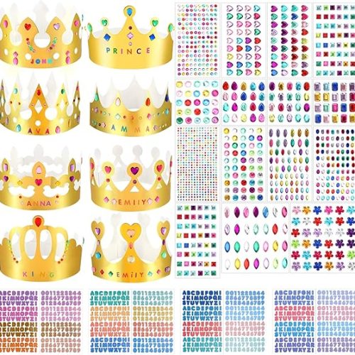 63 pcs Paper Crowns Princess Prince Crown Kids Birthday Party King Hats Gold gem Jewels Number Letter Stickers Boys Girls Adults DIY Decorate Decor Favor Supplies Classroom