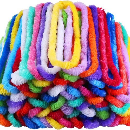 36 Pieces Plastic Leis Bulk in Bright Colors Lei Necklaces Assortment Tropical Decorations for Hawaiian Themed Party Favors with 12 Colors