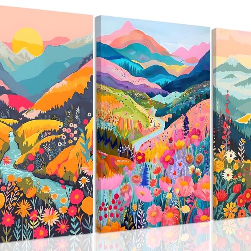 Colorful Watercolor Mountain Canvas Wall Art Set of 3 Boho Flower Picture Wall Decor Abstract Nature Landscape Artwork Paintings Posters Print for Living Room Bedroom Office 16x12In Framed