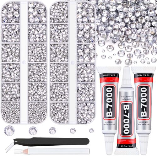 1 Resin Rhinestones for Crafting with B7000 Jewelry Glue, 2 Boxes Silver Clear Flatback Crystals with 3Pcs 10ml Glue for Bedazzling Crafts DIY Nail Art Makeup,Gems for Clothing Shoes