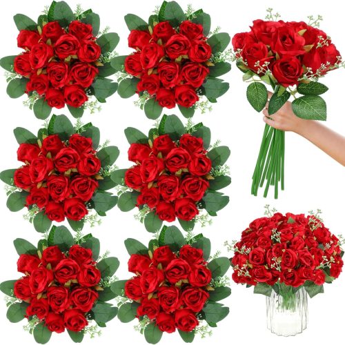 108 Pcs Artificial Silk Rose Bouquet Flowers Bulk Fake Roses with Stem Plastic Realistic Faux Floral for Spring Craft Wedding Bridal Shower Table Centerpieces Party Vase Garden Decor(Red)