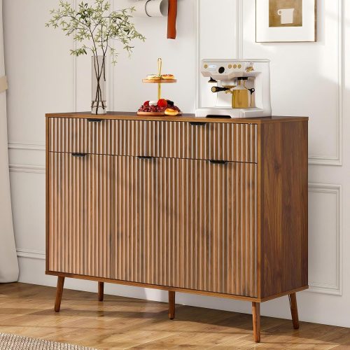 Fluted Sideboard Buffet Cabinet with Storage,2 Drawers and 3 Doors,Wood Coffee Bar Cabinet with Solid Wood Feet for Kitchen,Hallway