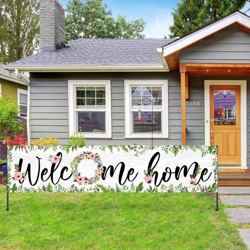 Welcome Home Banner Large Welcome Home Sign Decorations with Rope Hanging Seasonal Spring Flower Garland Grass Backdrop for Housewarming Party Family Reunion Yard Gender Reveal, 71 x 15.7 Inch