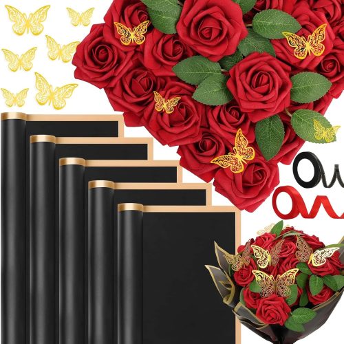 Fake Foam Roses with Stems, 3.15 Inch Red Floral Artificial Bouquet with Black Flower Wrapping Paper Bulk Gold Butterfly DIY Flower Arrangements Christmas Party Home Decor