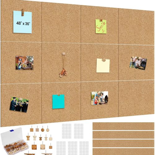 12 Pack Cork Boards 48" x 36" Thick Bulletin Board Tiles with 4 Frameless Cork Strips Pin Board Bar Strips with Push Pins Clips for Office School Home Walls