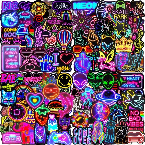 Water Bottle Stickers 200 Pcs Cool Neon Sticker Packs, Prizes for Kids Classroom Reward, Waterproof Vinyl Stickers for Water Bottles Laptop Skateboard Scrapbooking Journaling Notesbook Luggage etc