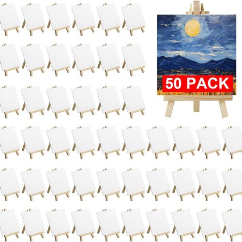 50 Pack Mini Canvas and Easel Set Bulk, 4x4 inch Small Canvases for Painting with Easels Stand, Mini Canvas Panels with Wood Easel Set for Students School Art Painting Party Supplies