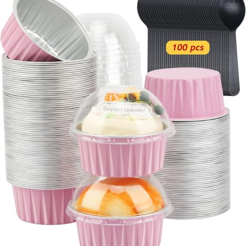 5oz Cupcake Pans with Dome Lids 100 Pack, Aluminum Foil Small Cake Baking Tin,Disposable Ramekins Cupcake Baking Cups Containers,Mini Pie Pans Muffin Tins Jumbo Cupcake Liners-Pink