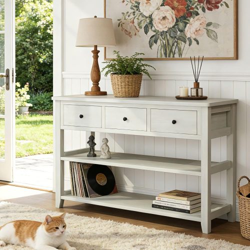 Console Table Entryway Desk, Sofa Side Table with 3 Drawers 2 Bottom Storage Shelves, Vintage TV Stand for Hallway Living Room Office, Antique White 29.9" H