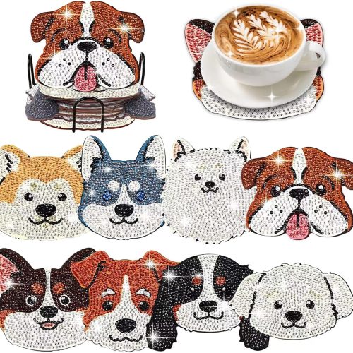 8 Pcs Dog Shaped Diamond Painting Coasters for Drinks, DIY Pet Dog Diamond Painting Kits with Holder, Diamond Art Coasters for Beginners Adults Art Craft Supplies Gift