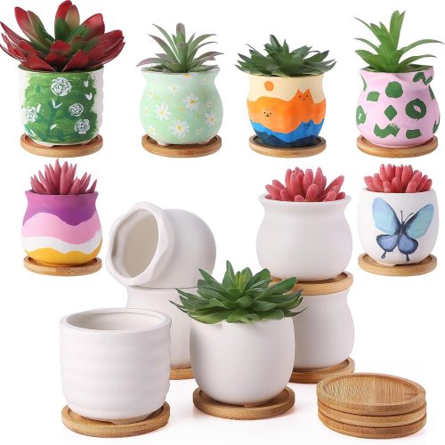 6 Pcs 3.5 Inch DIY Ceramic Succulent Pots for Painting Figurines Paint Craft Kit Unpainted Ceramic Bisque Paintable Flowerpots with Drainage Hole Ready to Paint