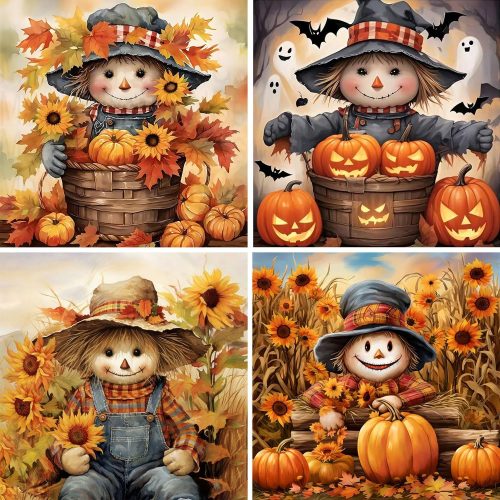 Halloween Diamond Art Kits for Adults,5D Fall Diamond Art 4-Piece Set,DIY Full Drill Scarecrow Diamond Painting Kit, Home Wall Decor Pumpkin Diamond Painting (11.8 x 11.8 Inches)