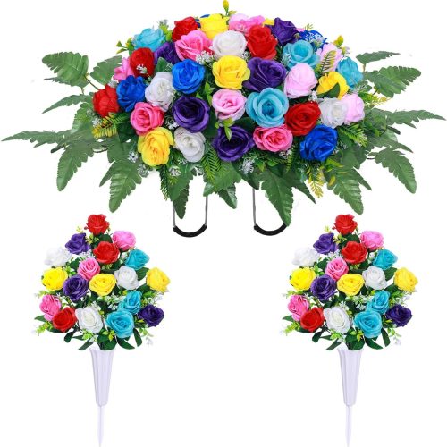 Artificial Cemetery Flower Saddles,Artificial Silk Flower Arrangement for Headstones,Cemetery Memorial Flowers with Vase for Grave Tombstone Decorations (Colour, 1 Saddle 2 Bouquets)