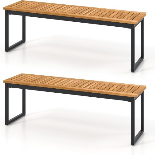 Patio Dining Bench Set of 2, 2-3-person Backless Bench with Slatted Seat & Metal Legs, Indoor Outdoor Bench for Entryway, Front Porch, Garden, Poolside, Farmhouse Kitchen Dining Seat
