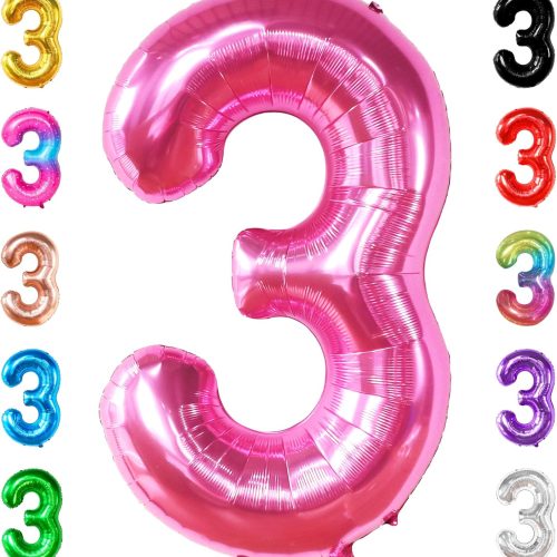 Giant Hot Pink Number 3 Balloon - 40 Inch | Number 3 Foil Balloon | 3rd Pink Birthday Decorations for Girls | 3rd Anniversary Decorations | Pink Party Decorations