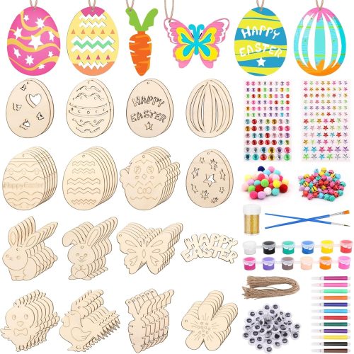 301 PCS Easter Wooden Hanging Ornaments Unfinished Wood Slices Eggs Easter Crafts for Kids DIY Easter Decorations Party Supplies Decor (301)