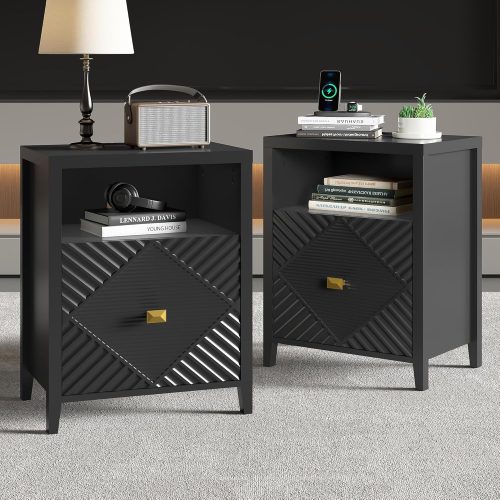 End Table Set of 2 with Charging Station, Modern Nightstand with Door and Open Shelf, Fluted Design, Bedside Table for Bedroom, Living Room, Black