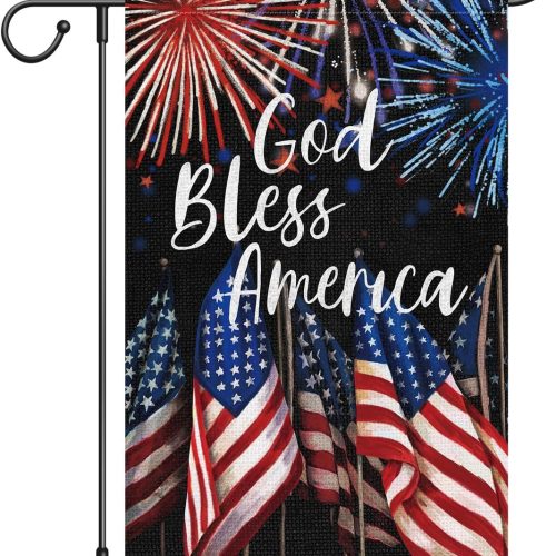4th of July Garden Flag 12x18 Double Sided, Small Burlap Welcome Patriotic Fireworks House Yard for Memorial Independence Day Outdoor Outside Decor