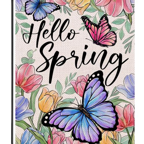 Hello Spring Butterfly Flower Small Decorative Garden Flag, Tulip Floral Eucalyptus Leaves Yard Lawn Outside Decor, Seasonal Burlap Outdoor Home Decoration Double Sided 12 x 18