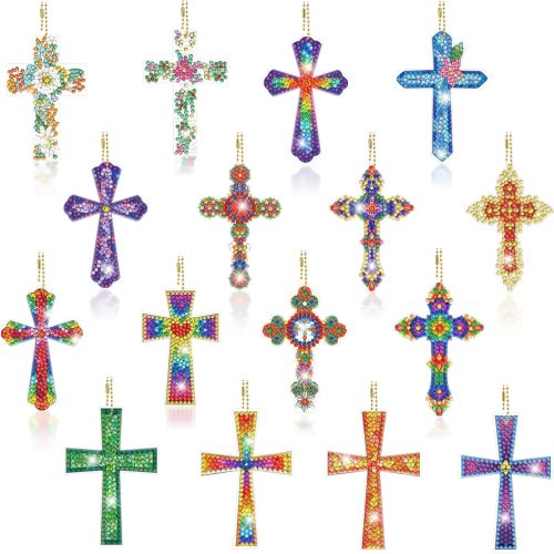 16 PCS Cross Diamond Art Kits for Adults Double Sided Diamond Art Keychains Cross Shaped DIY 5D Painting Keychains Kits for Adults Beginners DIY Crafts
