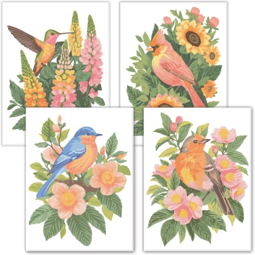 Studio Paint by Numbers Kit for Adults Beginner - Birds and Flowers Easy DIY Numbered Painting Sets - 4 Pack Small Canvas Boards with Acrylic Paints - Adult Sip n Paint Kits