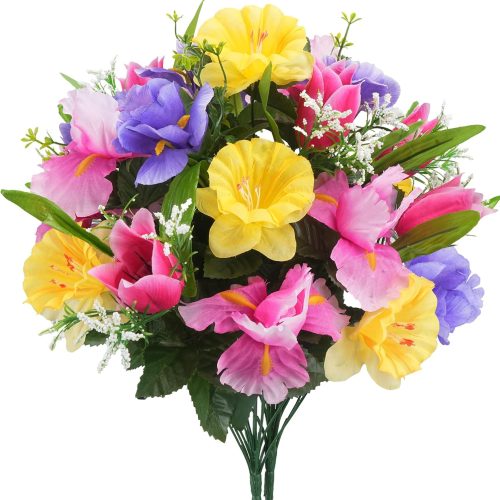 14 Stems Artificial Daffodils Flowers Bouquet Mixed Fake Tulips Flowers 17" Bush Faux Silk Summer Floral Arrangements Grave Cemetery for Home Kitchen Table Centerpiece Indoor Decoration (2PCS)