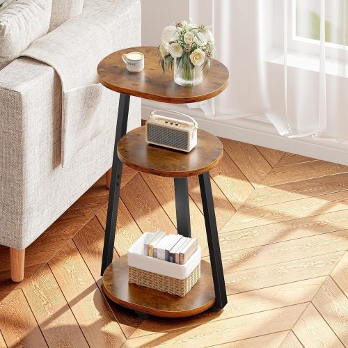 1 Side Table, Small End Table with Metal Frame, 3-Tier Bedside Tables, Round Side Tables for Living Room Bedroom Couch Bathroom, Oval, Vintage Brown