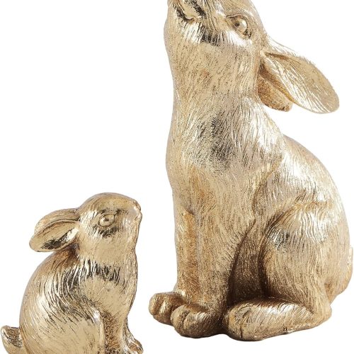 Set of 2 Easter Bunny Figurines, Gold Home Decor Resin Rabbit Statue, Easter Table Decor, Rabbit Figurines for Spring, Vintage Decorations Indoor Home Decor for Living Room Farmhouse Gift