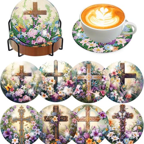 8 Pcs Diamond Art Coasters Kits for Adults - Christ Cross Diamond Painting Coaster Kits for Adults with Holder Cork Pads DIY Religion Diamond Art Dots Painting Coasters Set for Adult Beginners Crafts