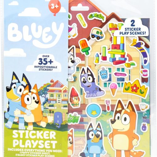 Group USA Bluey Sticker Playset, 2 Sticker Play Scenes, 35+ Reusable Puffy Bluey Repositionable Stickers for Kids, Perfect for Travel, Screen-Free Fun