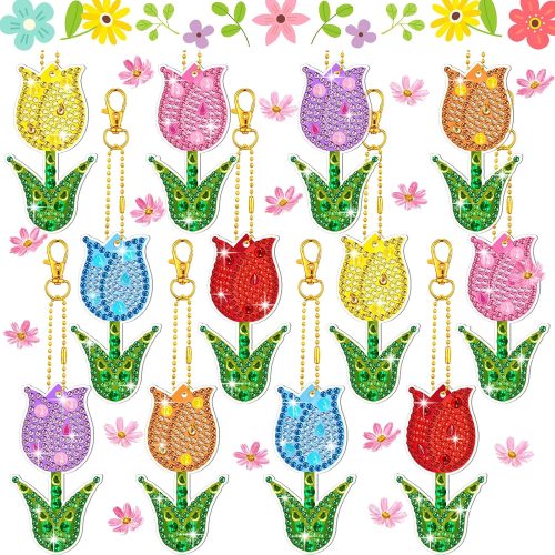1 12 Pieces Spring Tulip Diamond Painting Keychain 5d DIY Flower Hanging Diamond Art Kits Colorful Tulip Ornaments for Spring Family Crafts Decor