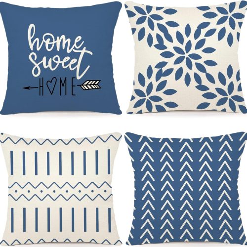 Pillow Covers 18x18 Set of 4, Modern Sofa Throw Pillow Cover, Decorative Outdoor Linen Fabric Pillow Case for Couch Bed Car，Light Blue