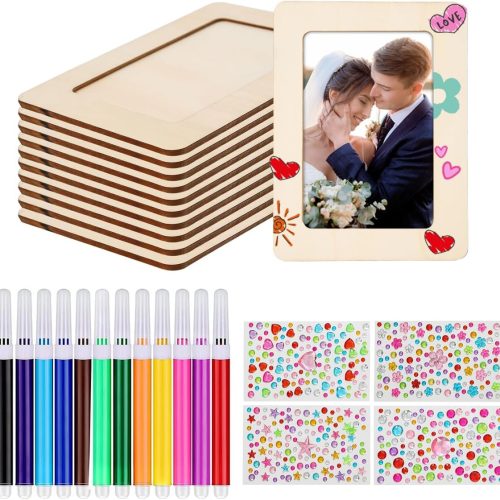 Picture Frame Painting Craft Kit for 4 * 6 Photo,10Pcs DIY Unfinished Wooden Picture Frames with 12Pcs Painting Color Pen 4 Sheets Crystal Diamond Stickers for DIY Craft