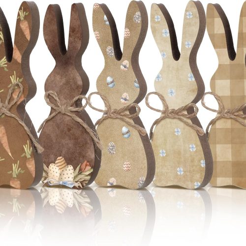 5 Pcs Easter Bunny Wooden Signs Table Decor Tiered Tray Decor Rustic Rabbit Table Centerpiece Freestanding Gifts for Easter Farmhouse Spring Party(Classic)