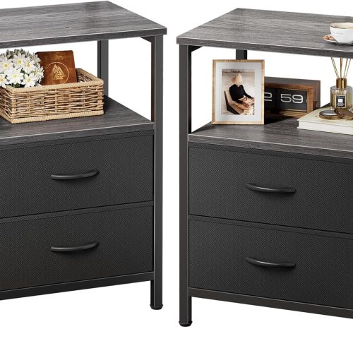 1 Night Stand Set of 2, Nightstand with 2 Drawers, Bed Side Table with Open Shelf, Wooden Top, End Table, Fabric Drawer, for Bedroom, Grey