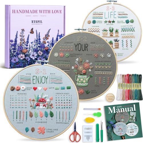 1 Embroidery Kit for Adult Beginners, 3-Pack 33-Stitch Practice Samplers, Pre-Stamped Patterns, 7.8-Inch Hoop, Threads & Needles, Step-by-Step Guide & Video, DIY Needlework Craft Gift for Women