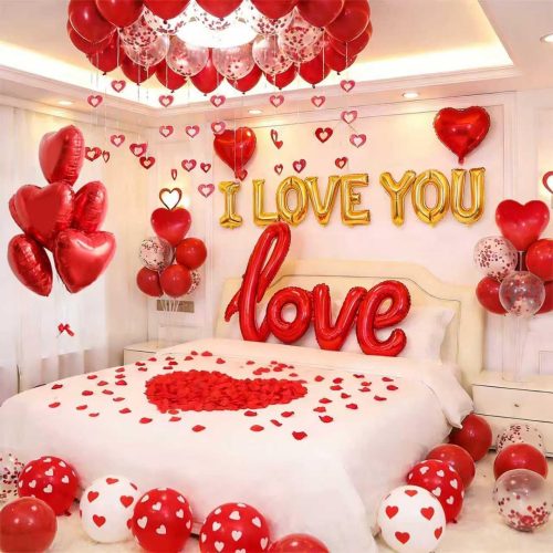 1 1060PCS Valentine's Day Balloons Kit with 1000 Pcs Silk Rose Petals I Love You Balloons 50Pcs Heart Hanging and Heart Print Balloon Set for Valentine's Day, Wedding Party Decorations Supplies