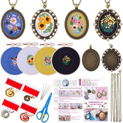 1 Embroidery Starter Kit - Beginner Friendly with Cross Stitch Patterns, Floral Embroidery Cloth, Pendant Trays & Hoops