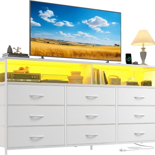 1 55" W White Dresser for Bedroom with 9 Drawers, LED TV Stand with Power Outlets for 45, 55, 65 Inch TV, Sturdy Long Chest of Drawers with Extra 2 Wooden Shelves, 55.1" W x 35.4" H x 11.8" D