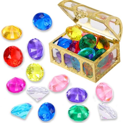 Diving gem Pool Toys Sand Toys,14 Color Diamond Treasure Chest Summer Swimming gems Pirate Diving Toy Set Underwater Swimming toyChildren's Game Gifts for Boys and Girls(Golden)