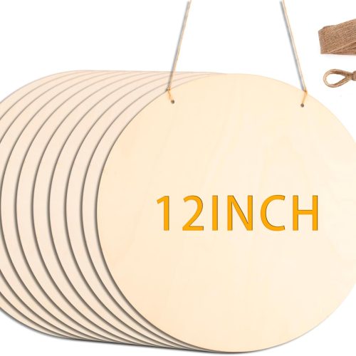 10Pcs 12 Inch Wood Circles for Crafts, Unfinished Wood Blank Wooden Door Hanger Sign, DIY Wood Rounds for Cricut Projects, Wood Burning, Painting, Valentines Day Decor DIY Crafts