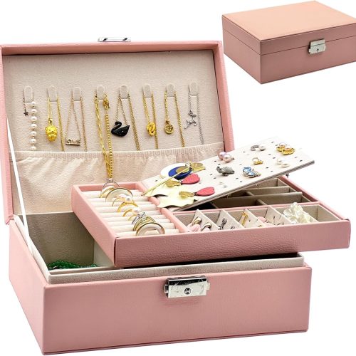 Jewelry Organizer Box for Women Girls,CIT ZCFYU 2 Layers Jewelry Box Earring Holder Organizer with Lock,Travel Jewelry Storage Case with Display for Necklaces Bracelets Rings Watches,Pink Vintage Gift