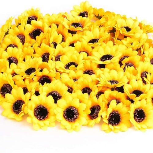 50pcs Small Artificial Sunflower Heads, Sun Flower Heads DIY Art Decor Yellow Silk Faux Floral Decorations for Home Wedding Kitchen Party Cupcakes(1.8inch)