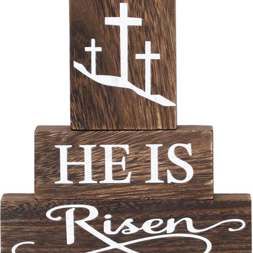 Easter Table Decorations,Easter Tiered Tray Decor,3PCS Wooden Signs,He is Risen,Farmhouse Christian Wood Block,Easter Decor Centerpiece for Tables Kitchen Home