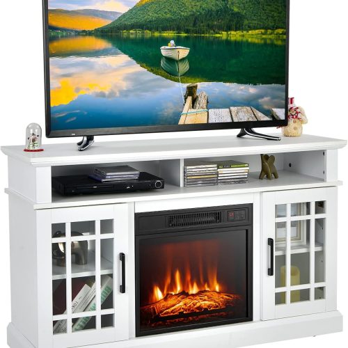1 Fireplace TV Stand for TV up to 55 Inches, Freestanding Wood Entertainment Center with 18" Electric Fireplace, 48" TV Console Table with 2 Open Storage Compartments and 2-Door Cabinet, White