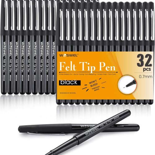 Black Felt Tip Pens, 32 Black Pens, 0.7mm Medium Point Felt Tip Markers Pens for Journaling, Note Taking, Planner, Writing,Drawing.Perfect for Art Office and School Supplies